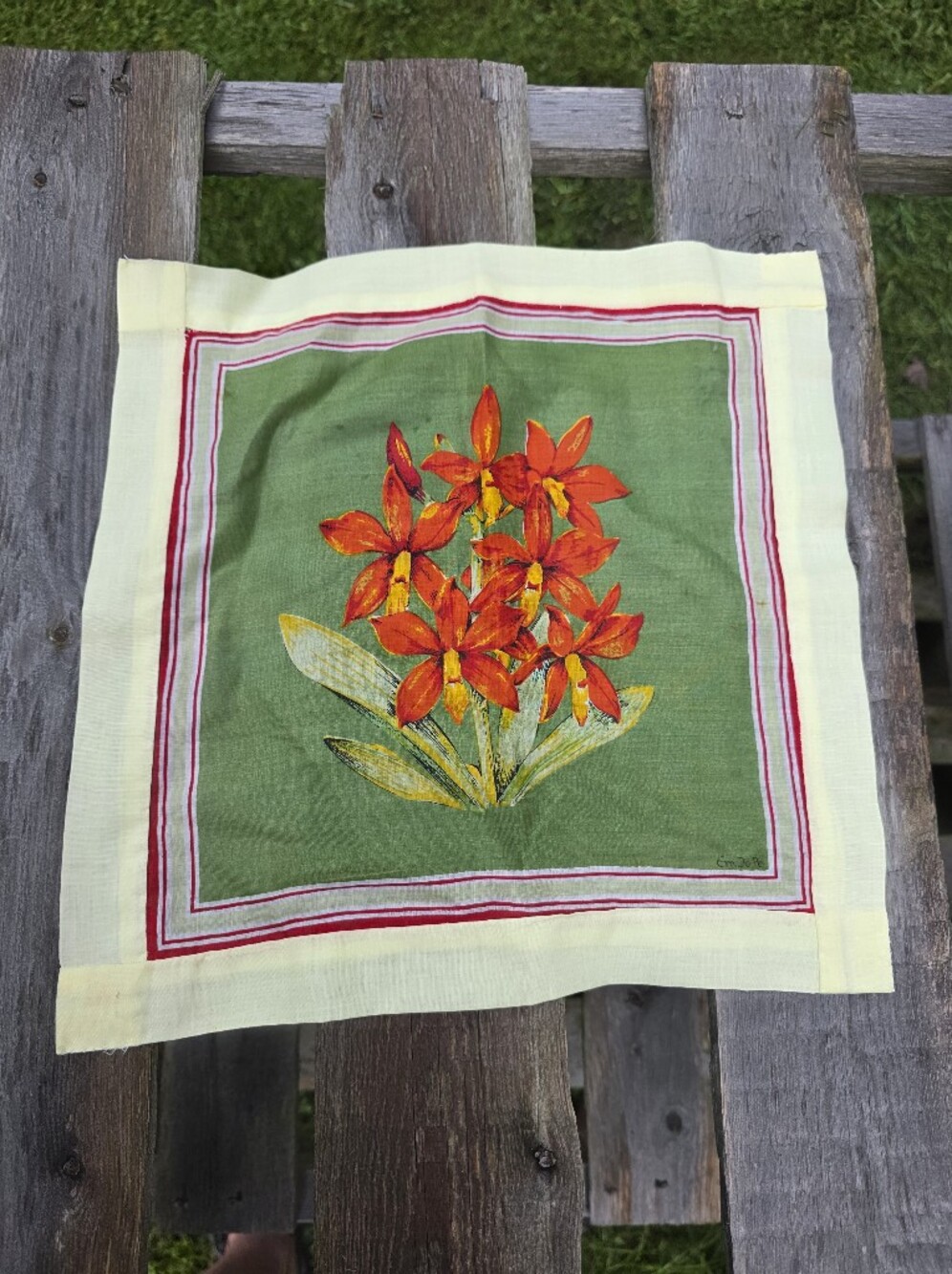 EM JO PE Pale Signed Hankie Flowers handkerchief 11 inches x 11 inches
